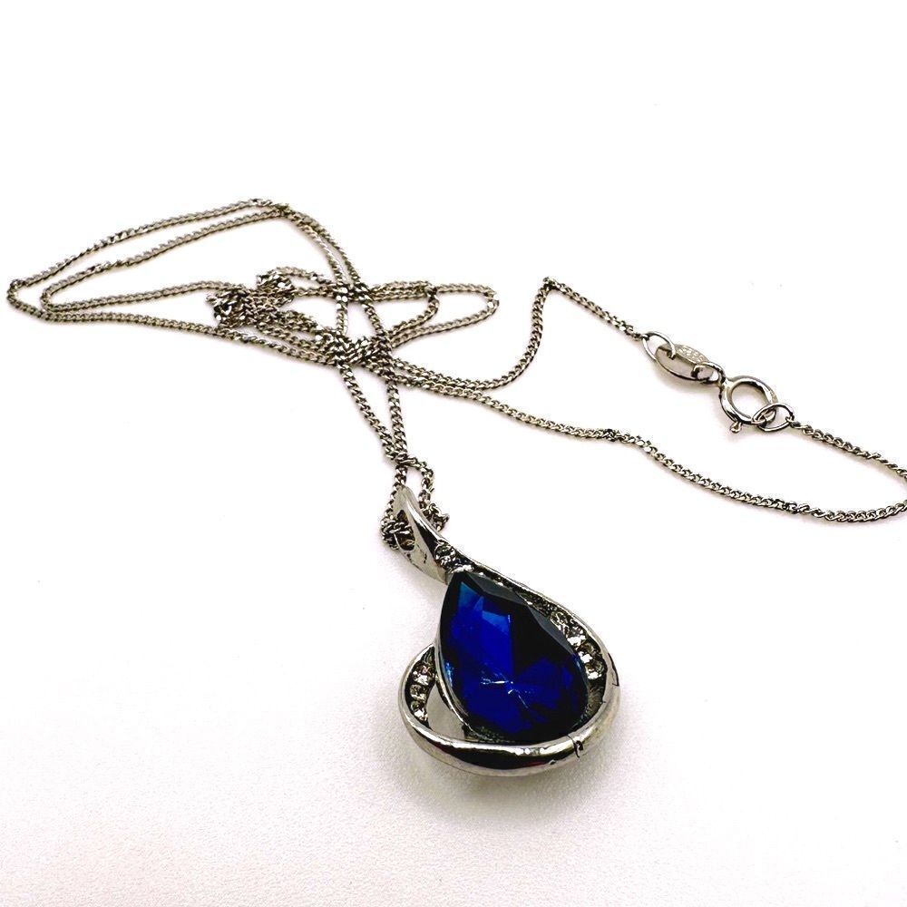 Blue CZ pear cut rhinestone pendant with 925 stamped chain necklace!